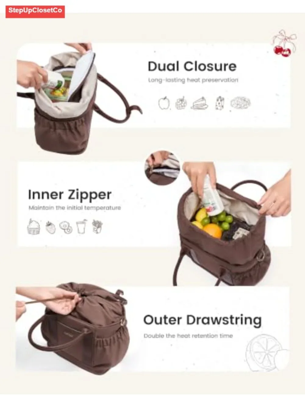 Insulated Drawstring Lunch Bag Women, Adult Lunch Box, 15L